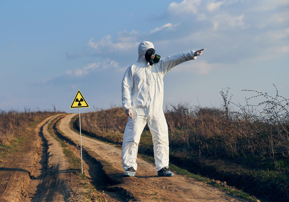 Man in radioactive haz-mat suit pointing.