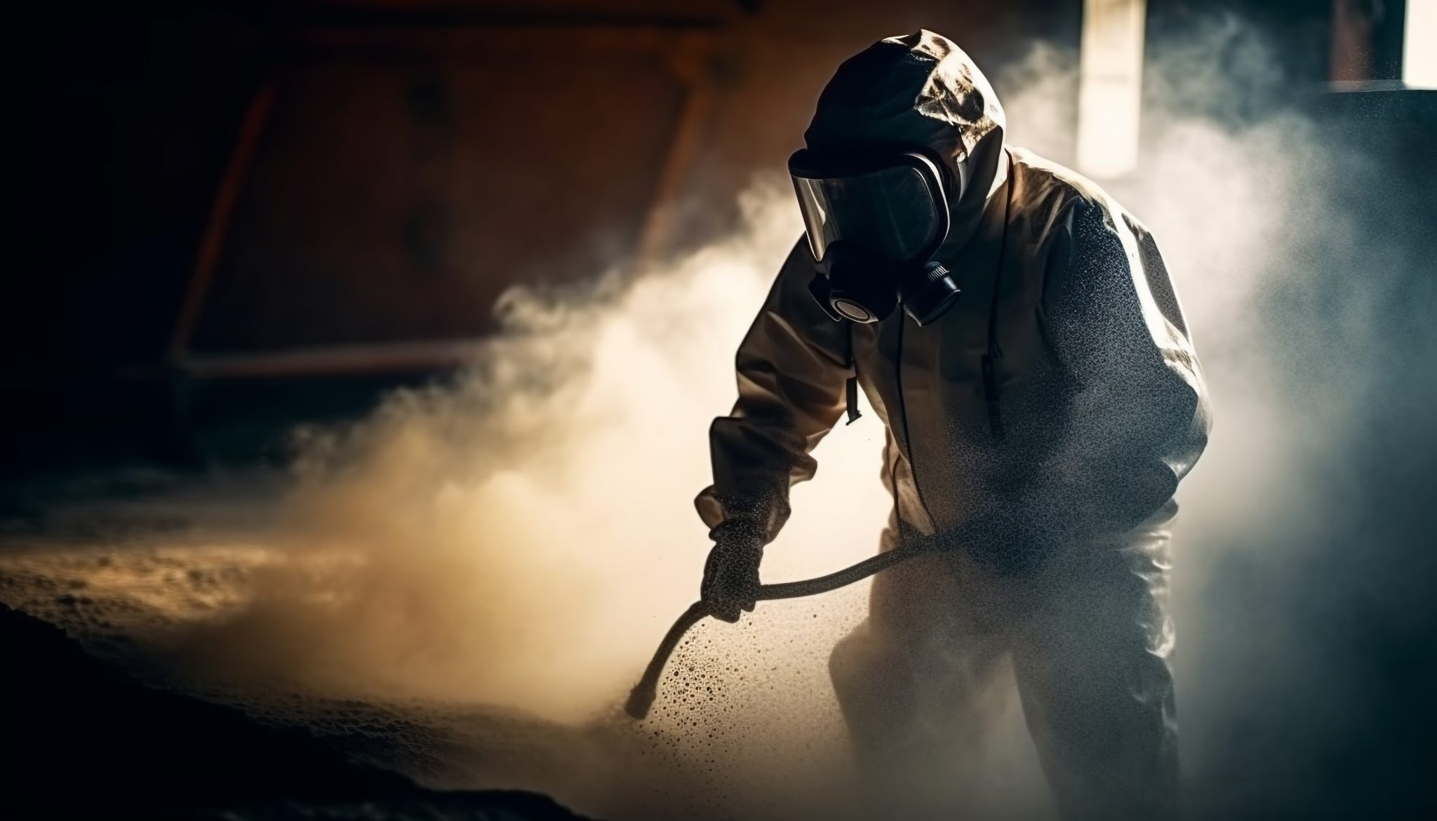 Guy in hazmat suit spraying gas